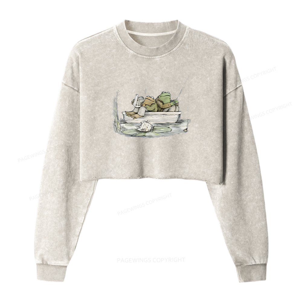 Pagewings Frog Reading Washed Crop Sweatshirt