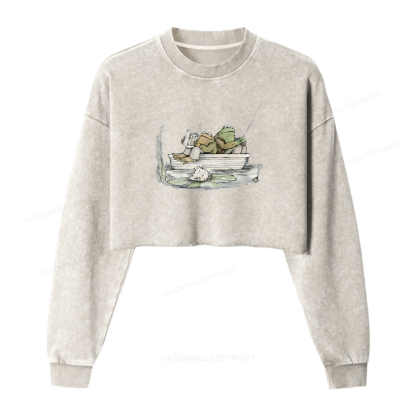 Pagewings Frog Reading Washed Crop Sweatshirt