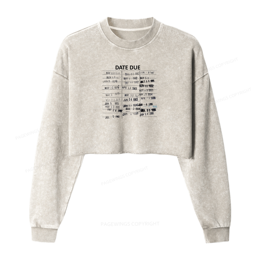 Pagewings Library Card Due Date Washed Crop Sweatshirt