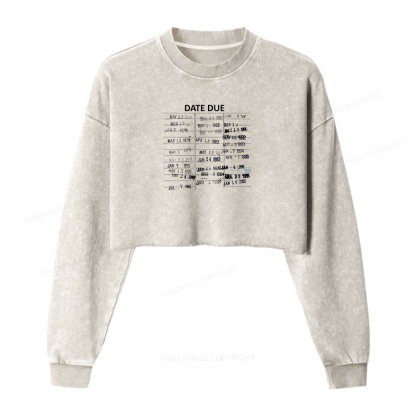 Pagewings Library Card Due Date Washed Crop Sweatshirt