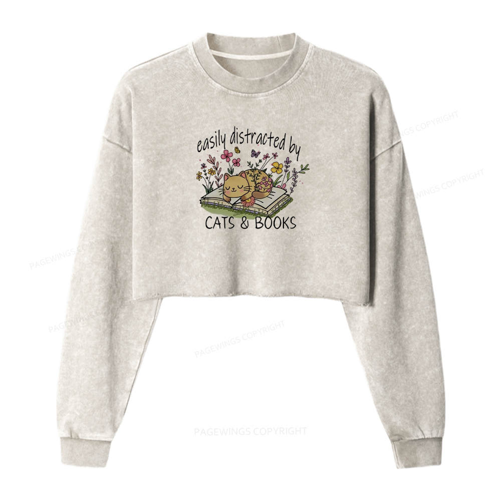 Pagewings Easily Distracted By Cats And Books Washed Crop Sweatshirt