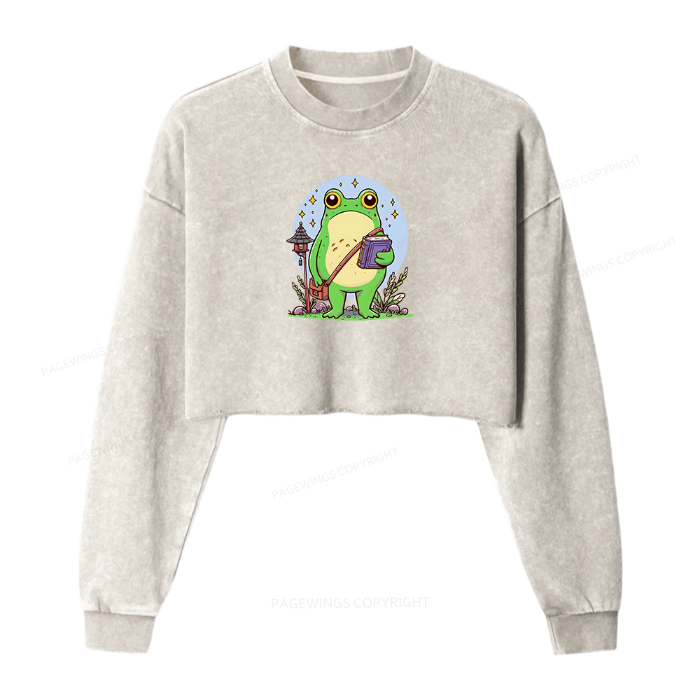 Pagewings Frog Reading Book Washed Crop Sweatshirt