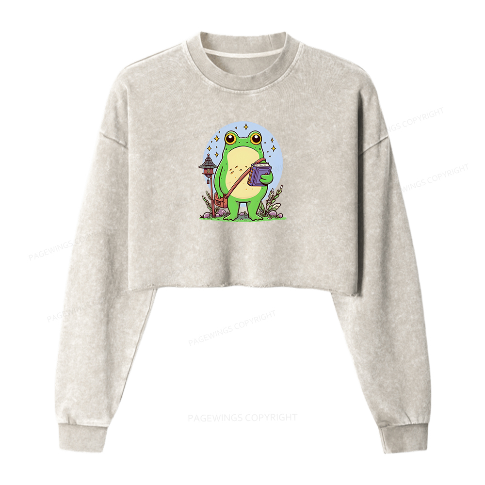 Pagewings Frog Reading Book Washed Crop Sweatshirt