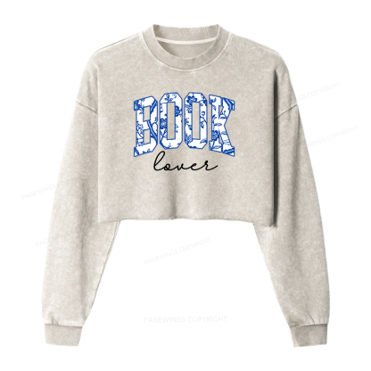 Pagewings Cute Book Lover Washed Crop Sweatshirt