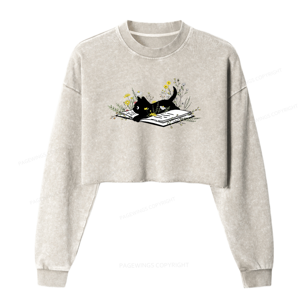 Pagewings Cute Book Cat Washed Crop Sweatshirt