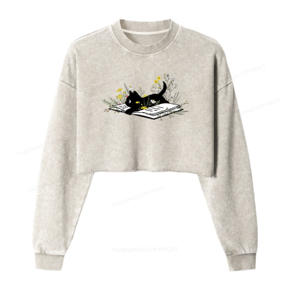 Pagewings Cute Book Cat Washed Crop Sweatshirt