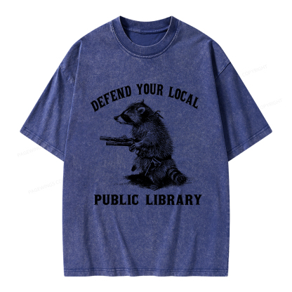 Pagewings Raccoon Defend Your Local Public Library Unisex Washed T-shirt