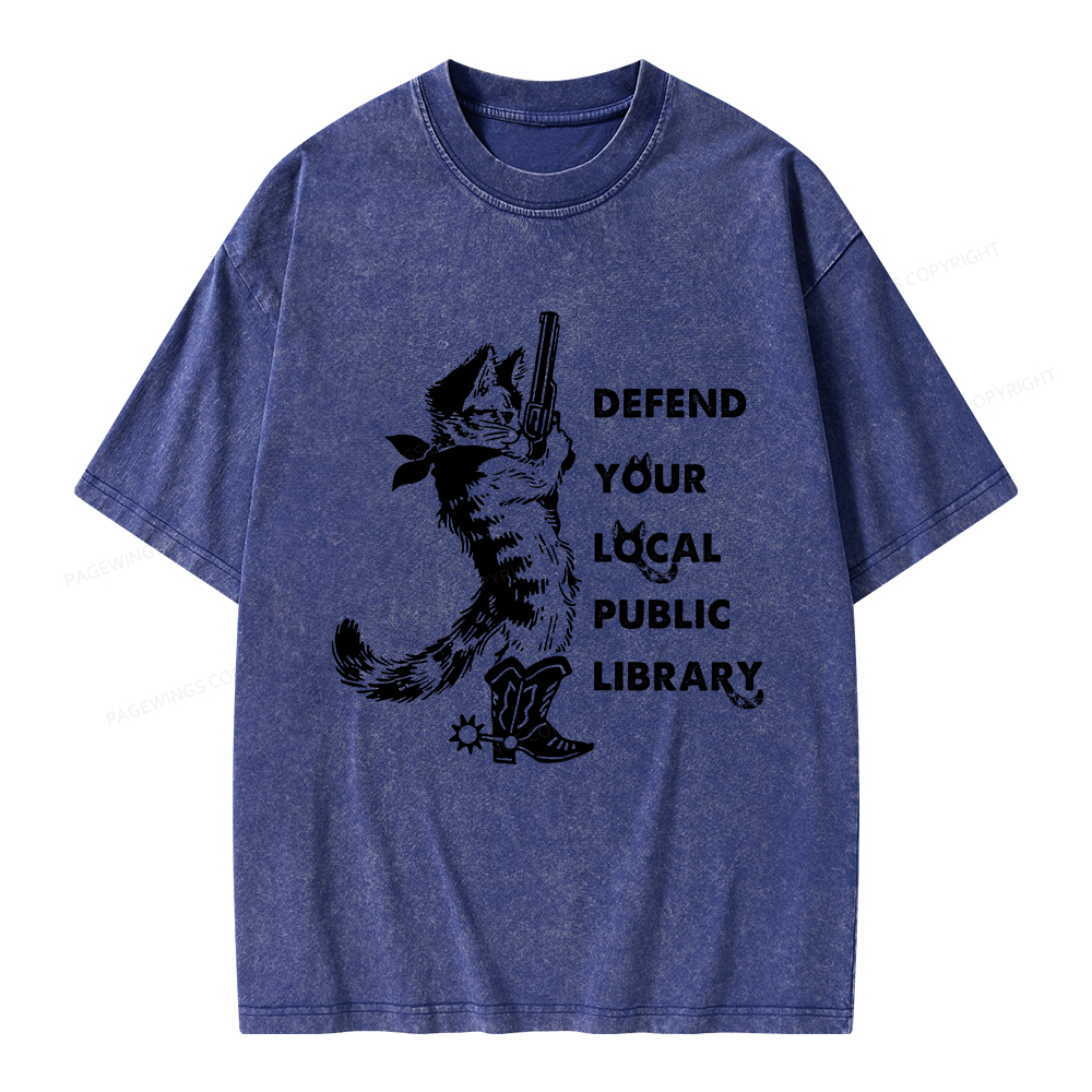 Pagewings Cat Defend Your Local Public Library Unisex Washed T-shirt
