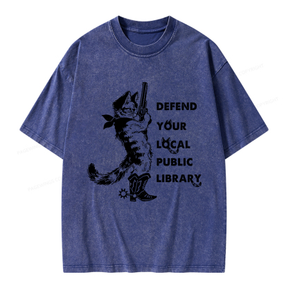 Pagewings Cat Defend Your Local Public Library Unisex Washed T-shirt