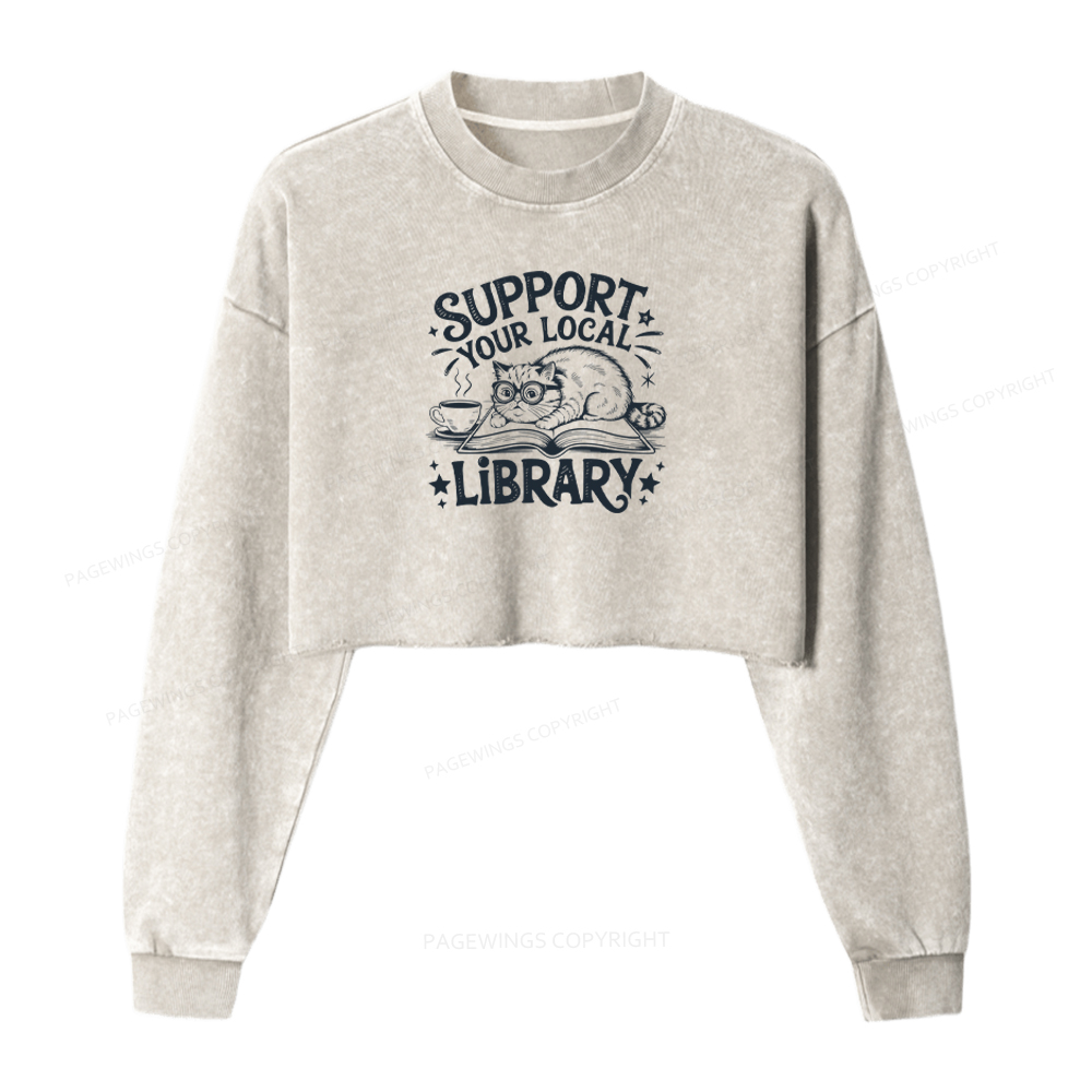 Pagewings Support Your Local Library Washed Crop Sweatshirt