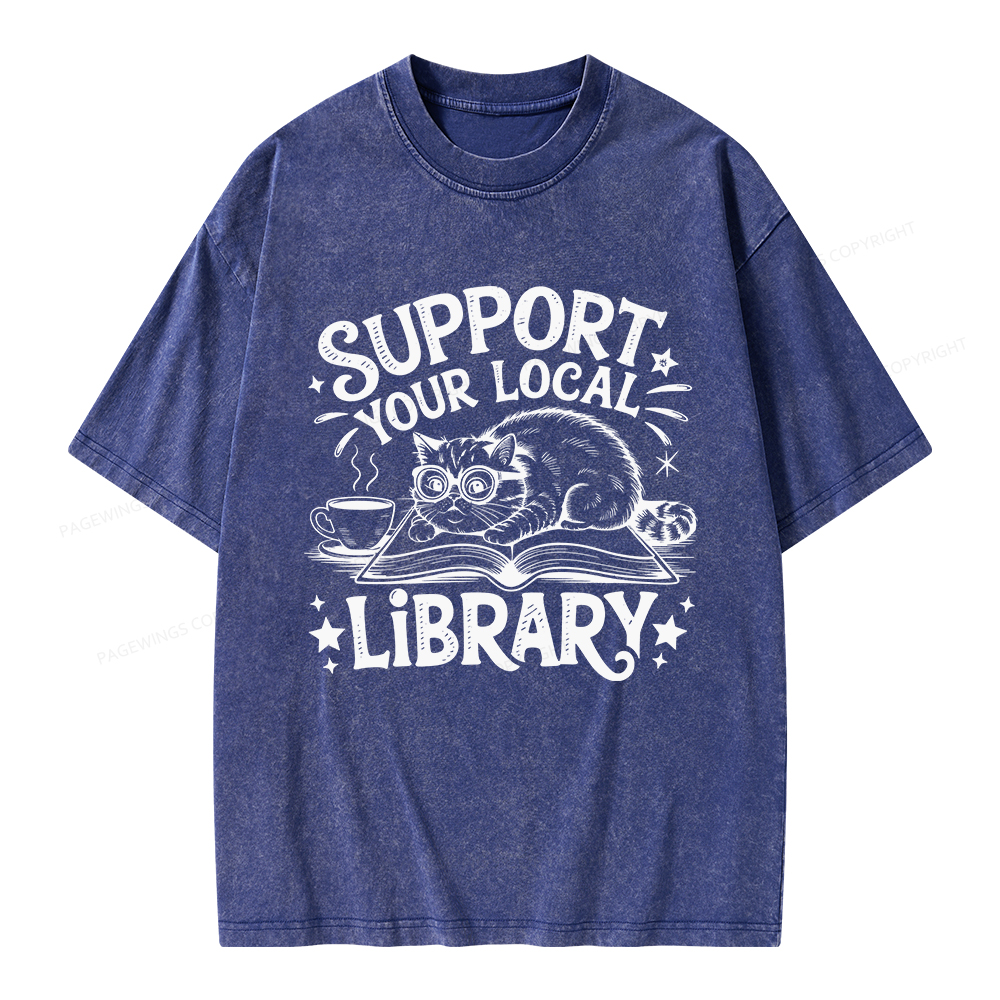 Pagewings Support Your Local Library Cat  Unisex Washed T-shirt