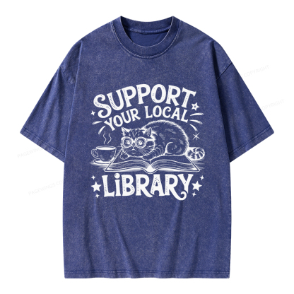 Pagewings Support Your Local Library Cat  Unisex Washed T-shirt