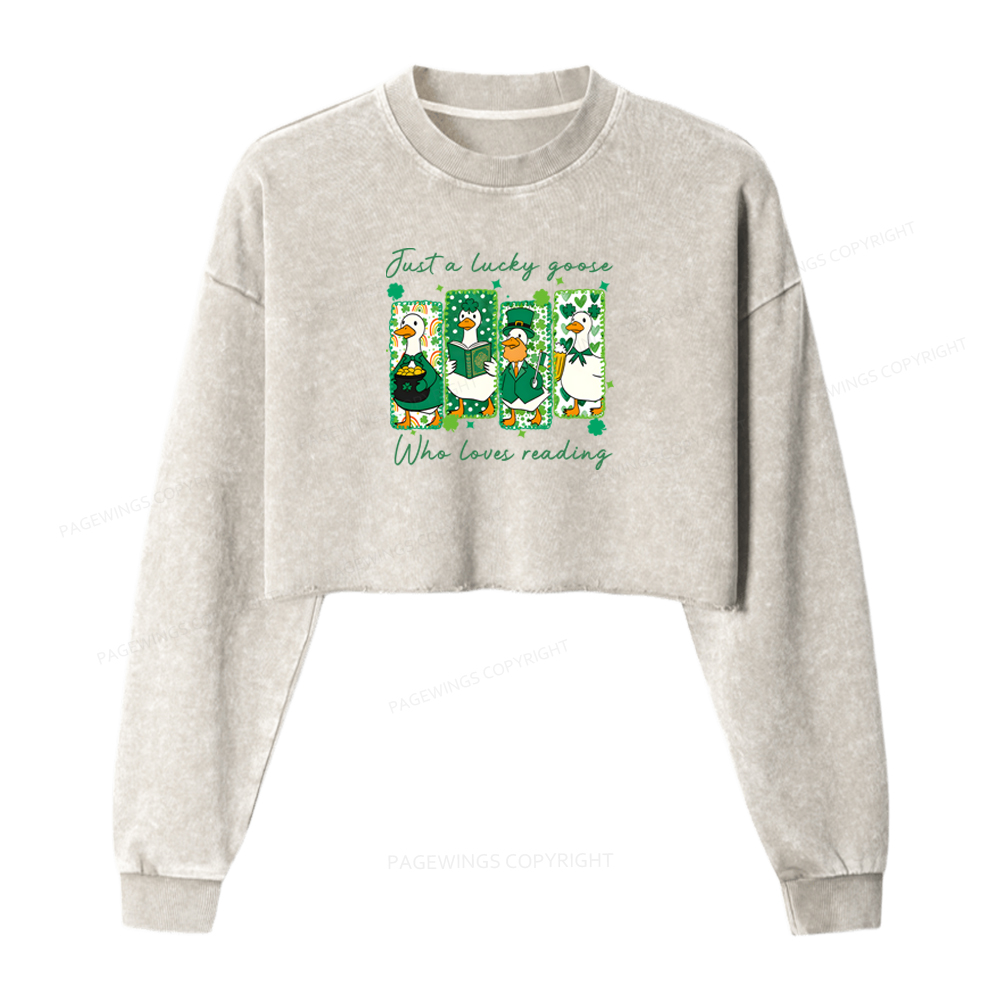 Pagewings Just A Lucky Goose Who Loves Reading Washed Crop Sweatshirt