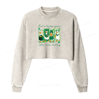 Pagewings Just A Lucky Goose Who Loves Reading Washed Crop Sweatshirt