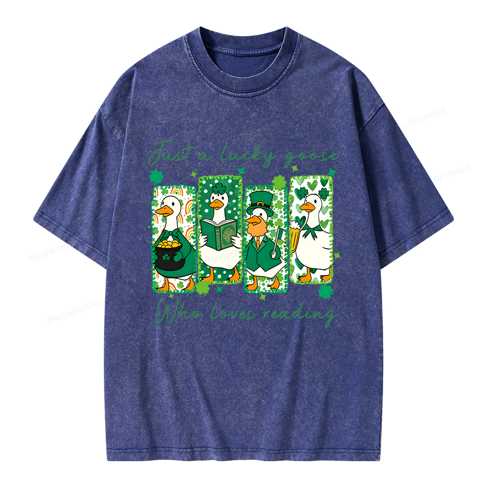 Pagewings St Patrick’s Day Just A Lucky Goose Who Loves Reading Unisex Washed T-shirt