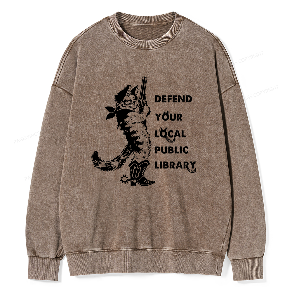 Pagewings Cat Defend Your Local Public Library Unisex Washed Sweatshirt