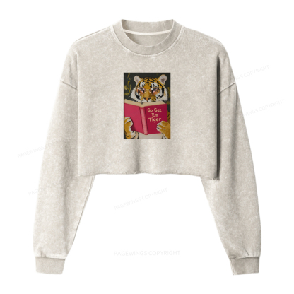 Pagewings Tiger Reading Washed Crop Sweatshirt