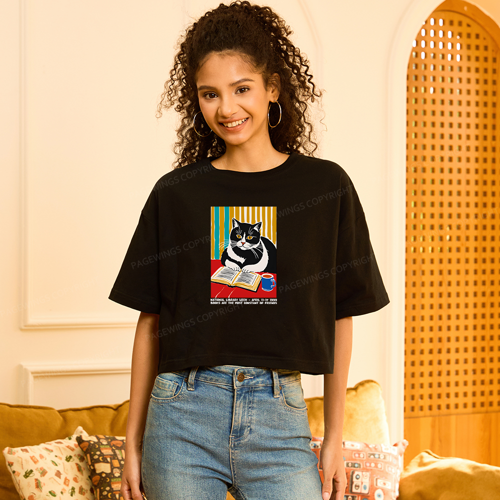 Pagewings Ational Library Week Cat Poster Women Crop Tops