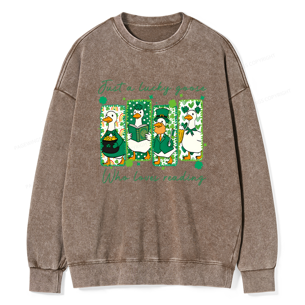 Pagewings St Patrick’s Day Just A Lucky Goose Who Loves Reading Unisex Washed Sweatshirt
