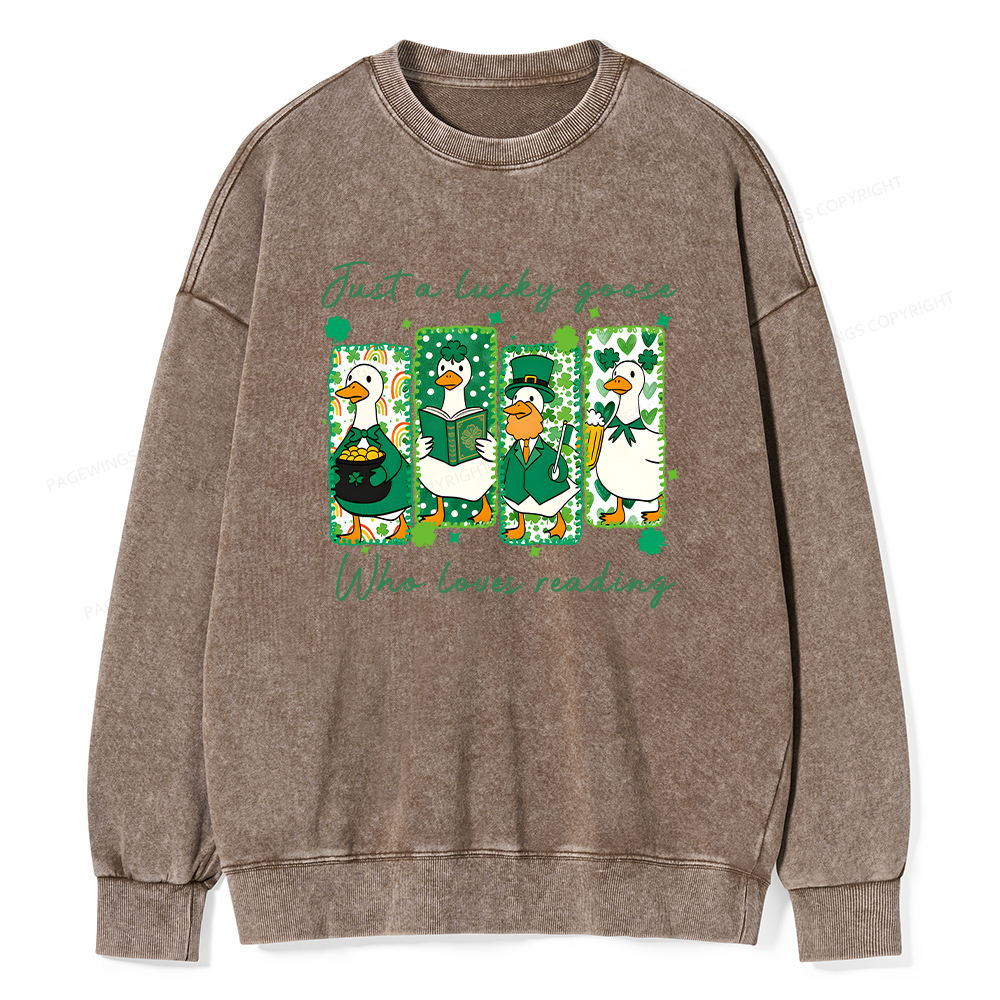 Pagewings St Patrick’s Day Just A Lucky Goose Who Loves Reading Unisex Washed Sweatshirt