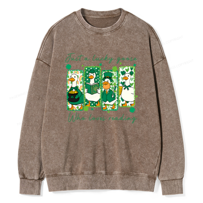 Pagewings St Patrick’s Day Just A Lucky Goose Who Loves Reading Unisex Washed Sweatshirt