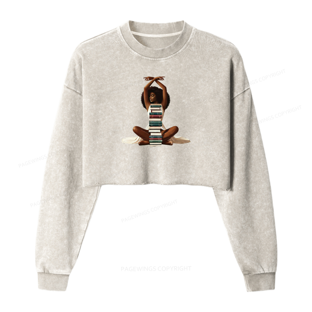 Pagewings Black Girl Reading Washed Crop Sweatshirt