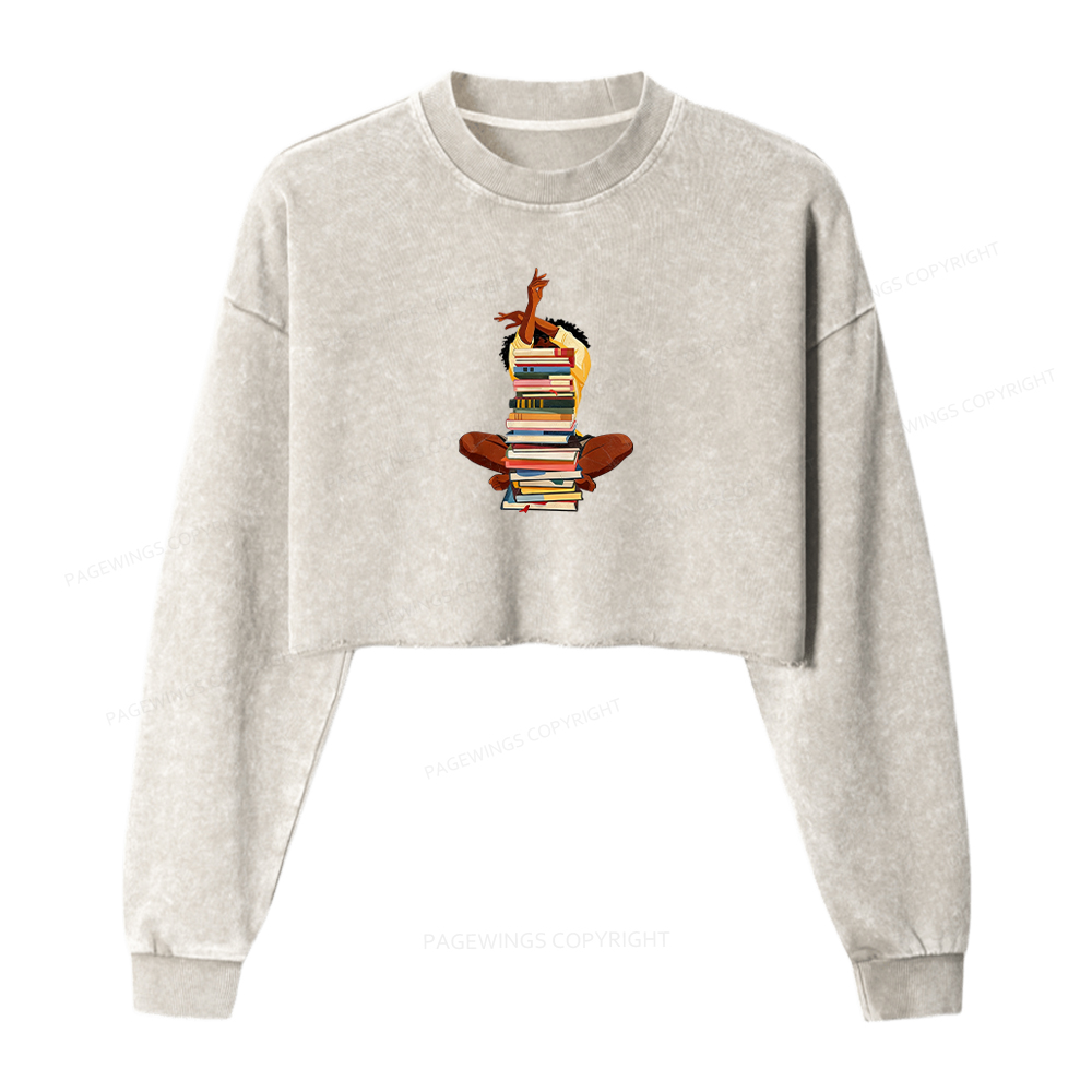 Pagewings Black Woman Reading Washed Crop Sweatshirt