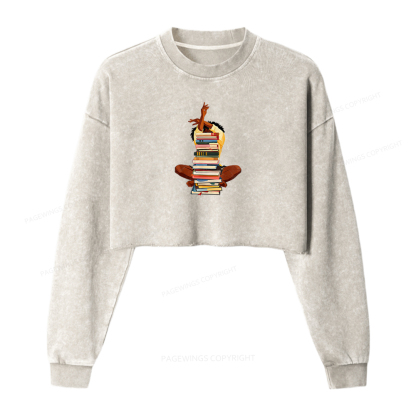 Pagewings Black Woman Reading Washed Crop Sweatshirt