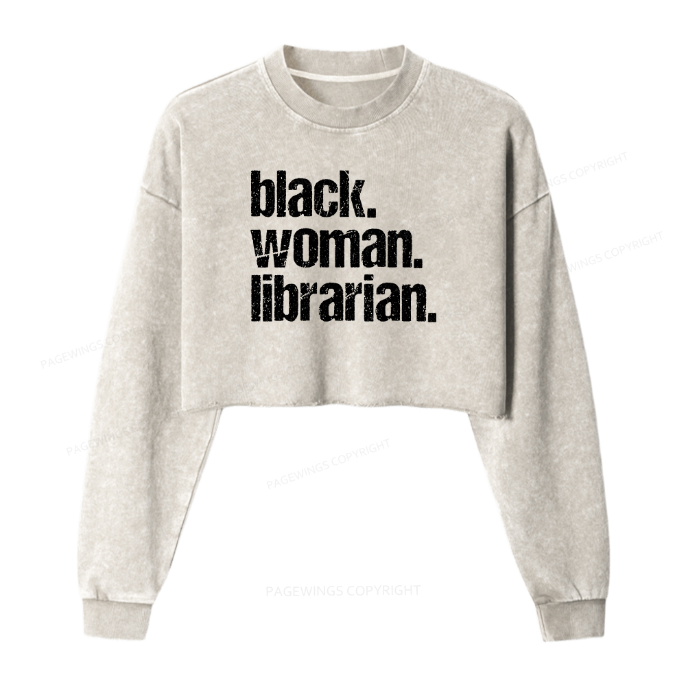 Pagewings Black Woman Librarian Washed Crop Sweatshirt