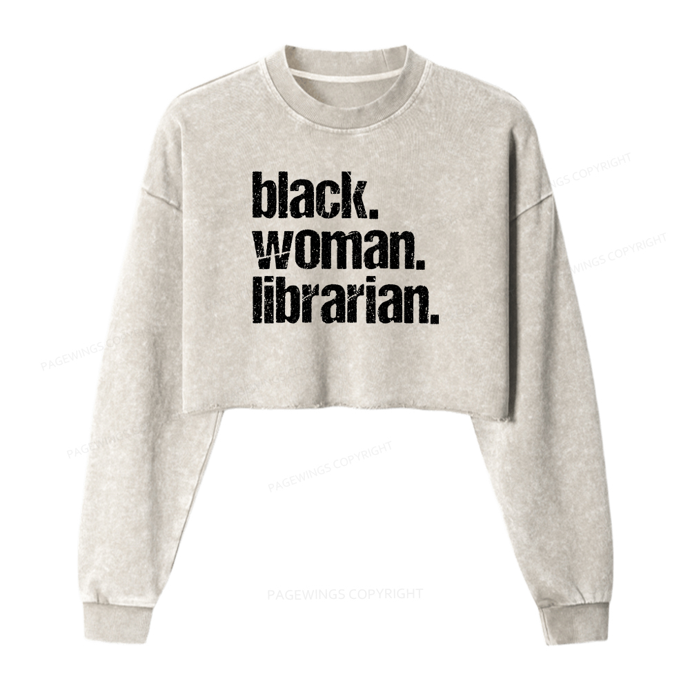 Pagewings Black Woman Librarian Washed Crop Sweatshirt