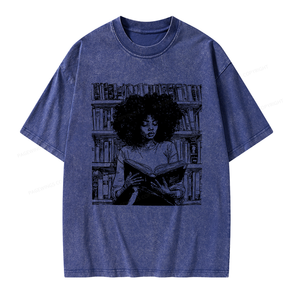 Pagewings Black Girl Reading Unisex Washed T-shirt
