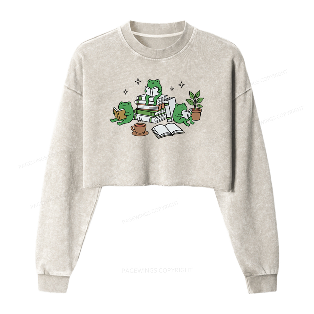 Pagewings Frogs And Books Washed Crop Sweatshirt