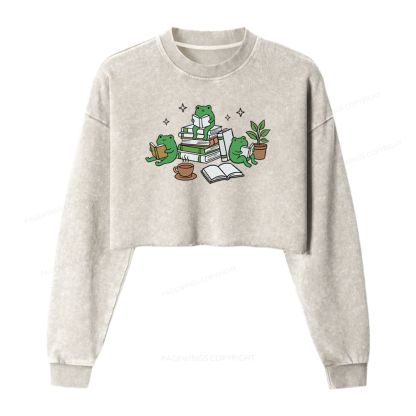 Pagewings Frogs And Books Washed Crop Sweatshirt