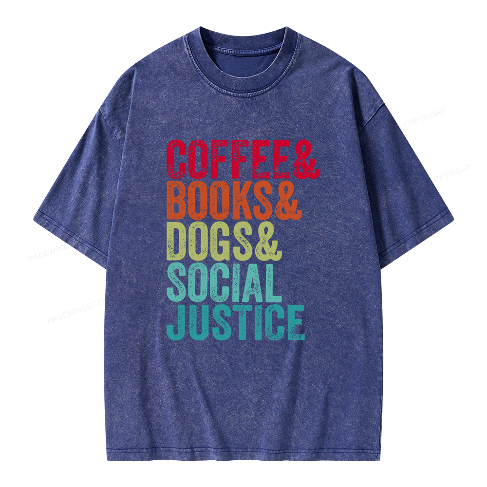 Pagewings Books Coffee Dogs Social Justice Unisex Washed T-shirt