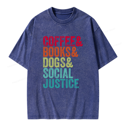 Pagewings Books Coffee Dogs Social Justice Unisex Washed T-shirt