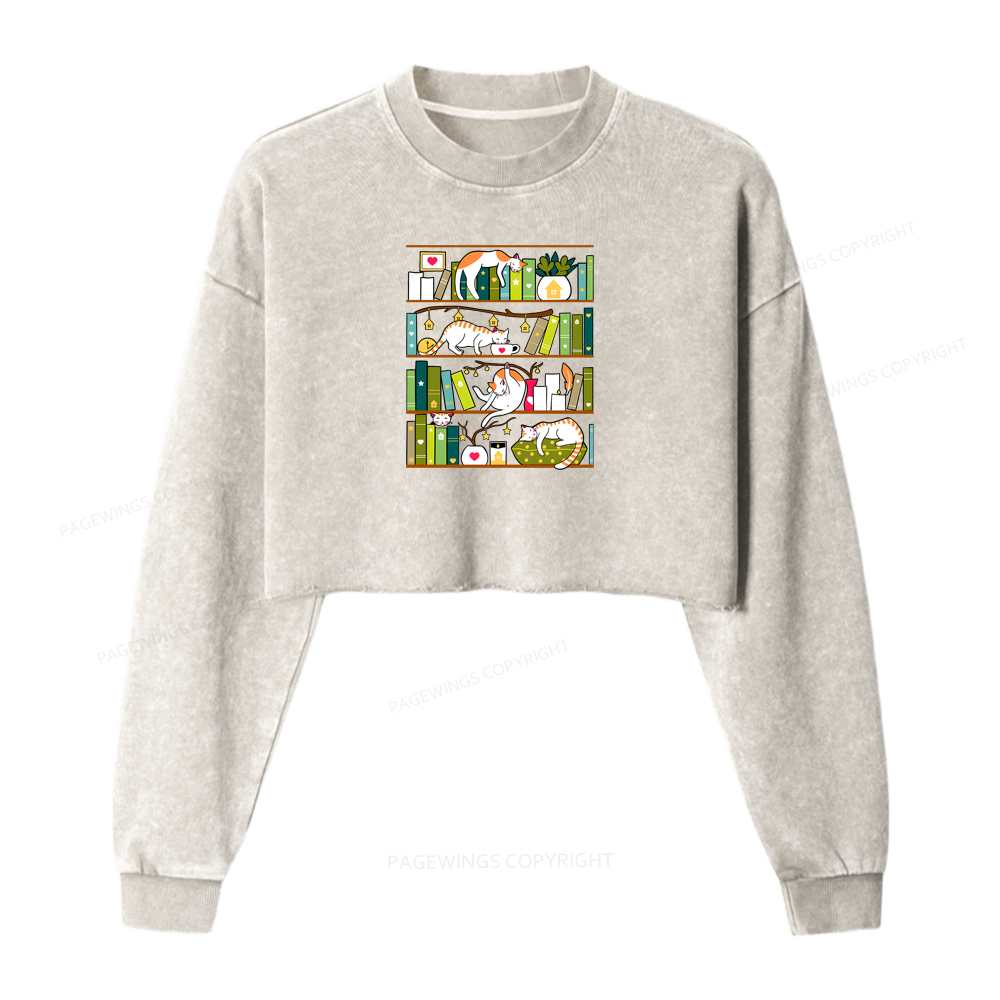 Pagewings Library Cats Washed Crop Sweatshirt