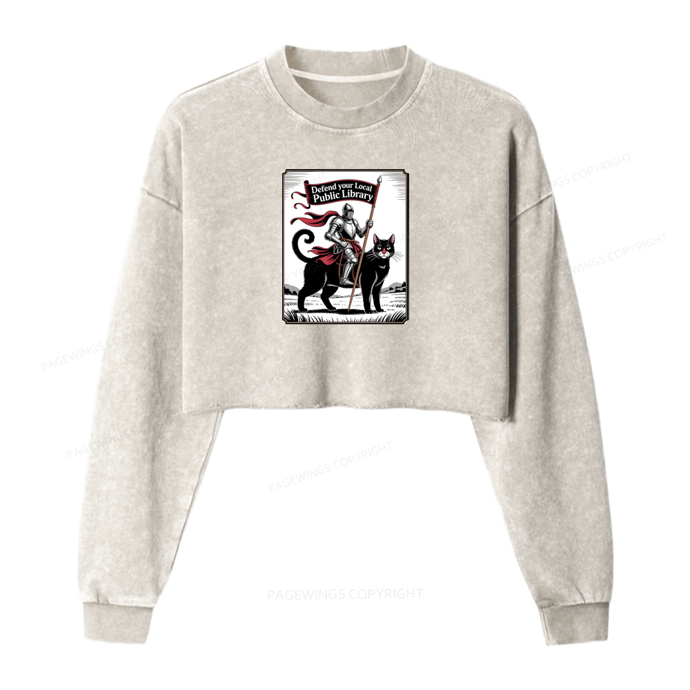 Pagewings Defend Your Local Public Library Funny Knight Cat Washed Crop Sweatshirt