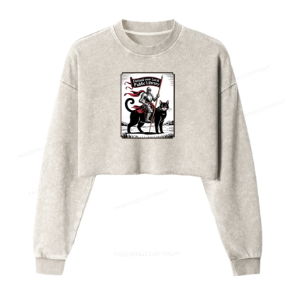 Pagewings Defend Your Local Public Library Funny Knight Cat Washed Crop Sweatshirt