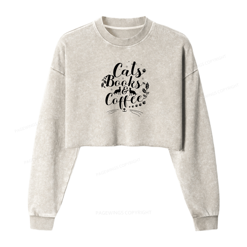 Pagewings Cats Books And Coffee Washed Crop Sweatshirt