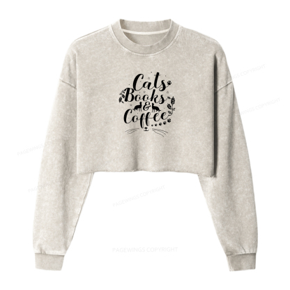 Pagewings Cats Books And Coffee Washed Crop Sweatshirt