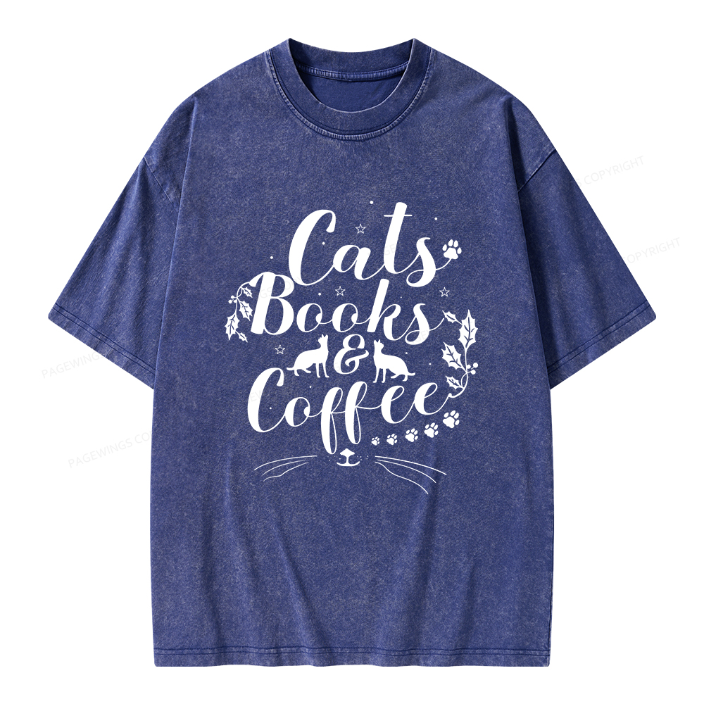 Pagewings Cats Books And Coffee Unisex Washed T-shirt