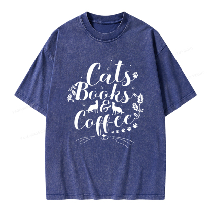 Pagewings Cats Books And Coffee Unisex Washed T-shirt