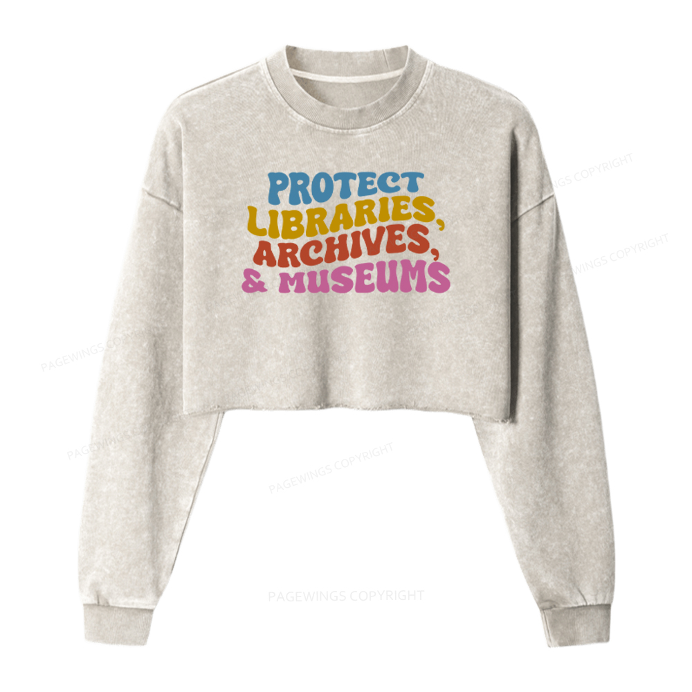 Pagewings Protect Libraries Archives And Museums Washed Crop Sweatshirt
