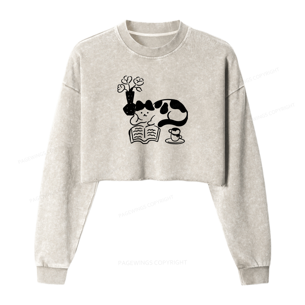 Pagewings The Cat Who Loves Reading Washed Crop Sweatshirt