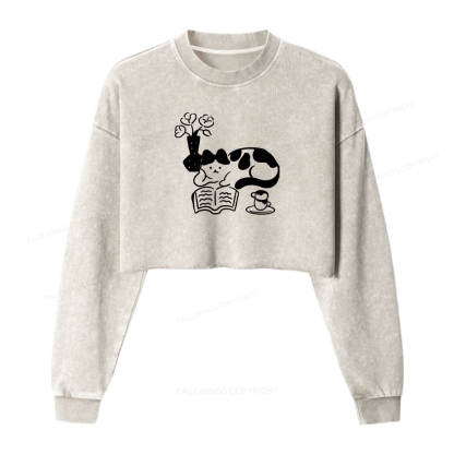 Pagewings The Cat Who Loves Reading Washed Crop Sweatshirt