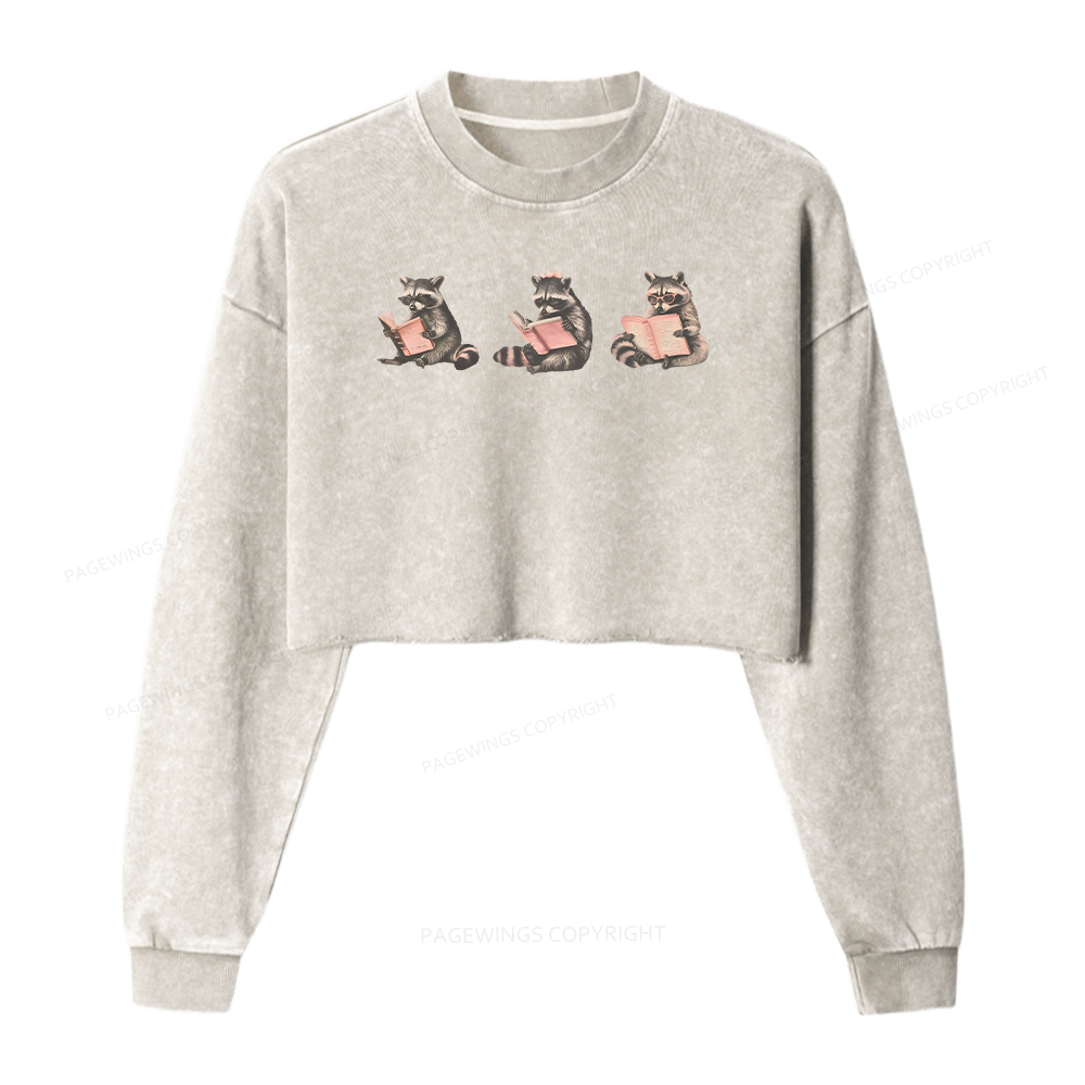 Pagewings Funny Raccoon Bookish Gift Washed Crop Sweatshirt