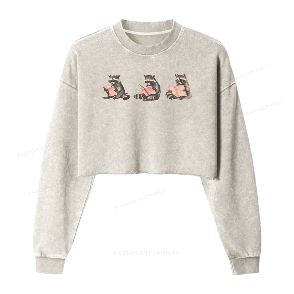 Pagewings Funny Raccoon Bookish Gift Washed Crop Sweatshirt