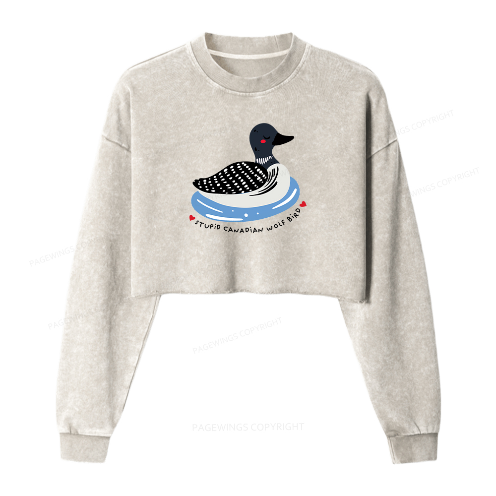 Pagewings Stupid Canadian Wolf Bird Washed Crop Sweatshirt
