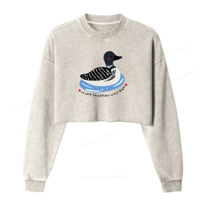 Pagewings Stupid Canadian Wolf Bird Washed Crop Sweatshirt