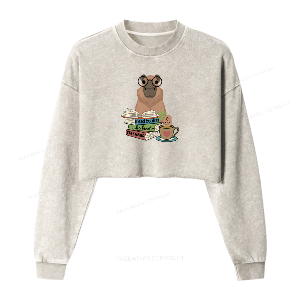 Pagewings Capybara Reading Washed Crop Sweatshirt